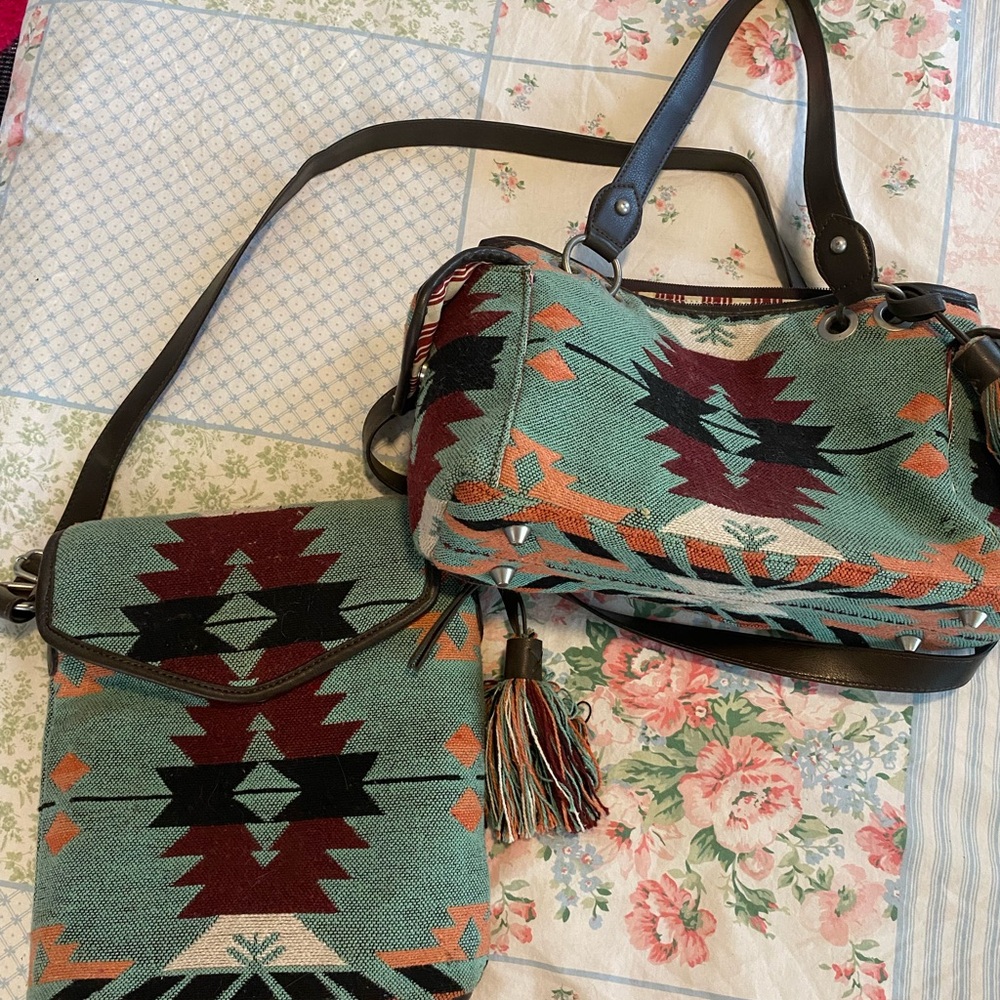 Green and Orange Geometric Crossbody Bags with Tassel Detail